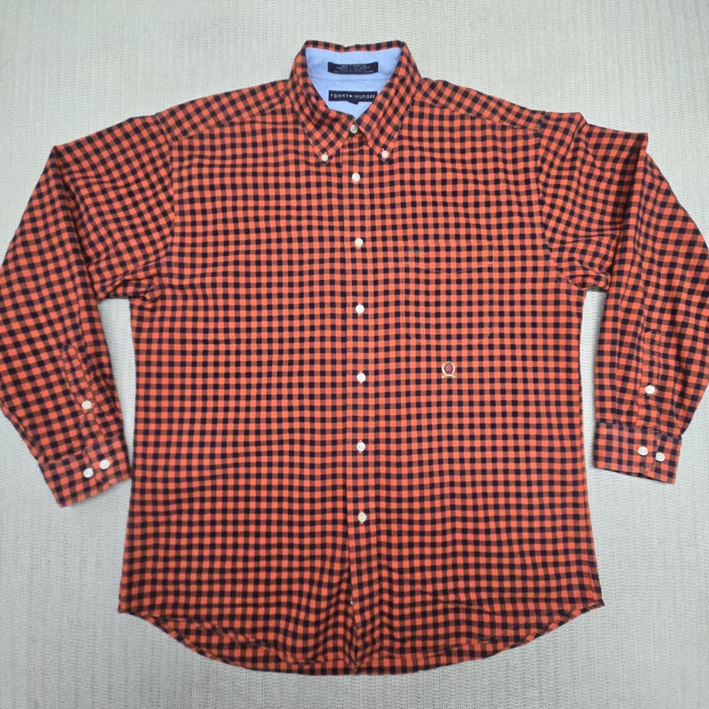 Tommy Hilfiger Shirt Mens Large Orange Check Long Sleeve Button Down Casual